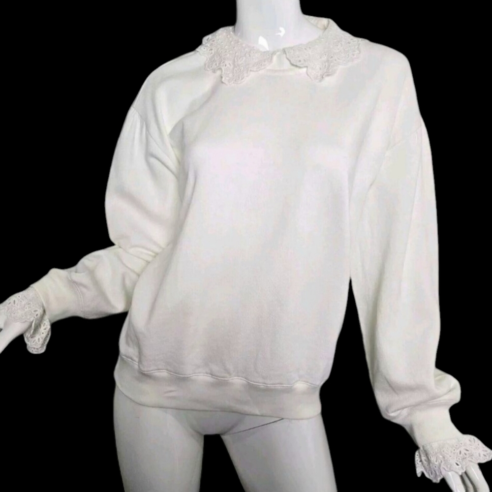 J Crew Womens M Lace Trim Crew Neck Sweatshirt Long Sleeve Cotton Ivory White